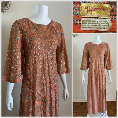 1960s Tipicano Bell Sleeve Sequin Caftan Hostess Dress Resort Sparkle 70s VTG - Image 1 of 4