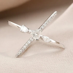 Crisscross Cuff Ring SI/H Heart Diamond 10k White Solid Gold Jewelry 0.68 Ct. - Picture 1 of 9