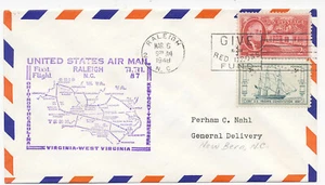 Primera cubierta de vuelo de Estados Unidos 1948 CAM 87 Raleigh NC a New Bern NC 87E22 Cachet - Imagen 1 de 2