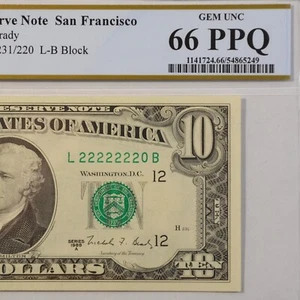 $10 Fancy Serial Note 7 In A Row Near Solid Series 1988A PCGS 66PPQ - L22222220B - Picture 1 of 4