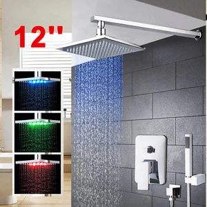 12“ Bathroom LED Mixer Rainfall Shower Wall Mounted Brass 3 PCS Units Silver - Picture 1 of 8
