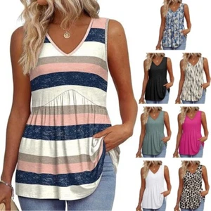 Women Sleeveless Ruffle Flare Flowy Tunics Shirt V-Neck Eyelet Babydoll Tank Top - Picture 1 of 48
