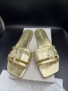 JIMMY CHOO Laran Gold Flat Slide Sandals Mules SlipOn Size Uk 6 Eu 39 - Picture 1 of 11