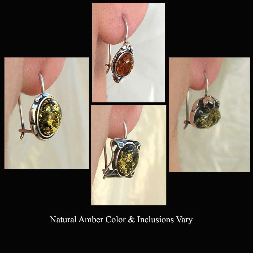 BALTIC GREEN or HONEY  AMBER & STERLING SILVER KIDNEY WIRE PIERCED EARRINGS - image 1 of 1