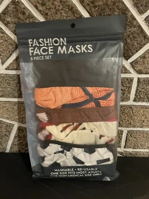5 Piece Set Face Masks Adult Sports, B Ball, soccer,&more Reusable Washable  NIP - Image 1 of 2