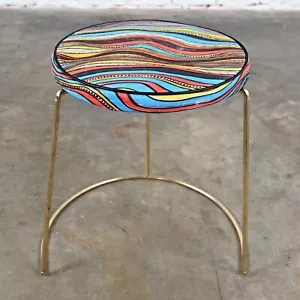 MCM Hocker mit runder bunter Vinyl Sitz & messingbeschichteter Stahl asymmetrischer Sockel - Bild 1 von 11