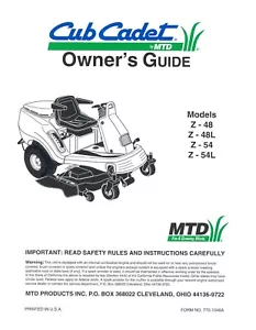 Manuale proprietario trattore Cub Cadet / servizio modello #Z48-Z48L-Z54-Z54L - Foto 1 di 1