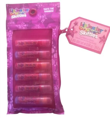 Vintage Bonne Bell Lip Smacker Skittles BUBBLE FONT Lip Balm Set 6pc w/Zip Pouch - Image 1 of 4