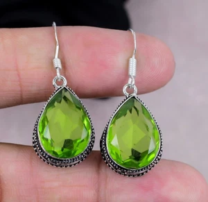 Dainty Peridot Gemstone Dangle Earring 925 Sterling Silver Handmade Jewelry Gift - Picture 1 of 4