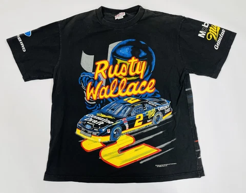 Vintage NASCAR Rusty Wallace Miller Lite All Over Print T Shirt - Men's 2XL Cover