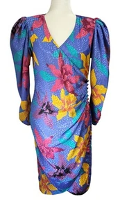 St. Barts Vintage 80s Disco Wrap Dress Women's Size 9/10 Silky Bold Floral - Picture 1 of 24