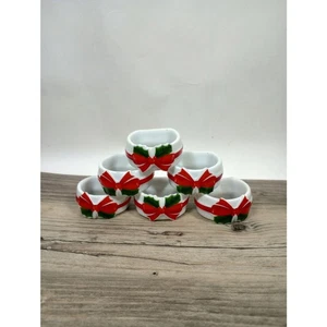 Vtg Christmas Holly & Bow Napkin Rings 6 Napkin Holders Mount Glemems Pottery - Picture 1 of 6