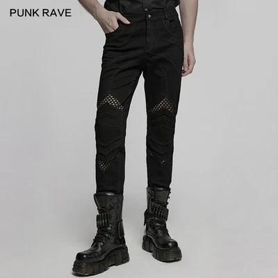 Punk Rave Men Black Gothic Punk Mesh Splicing Slim Tight Pants Casual Trousers - Image 1 of 4