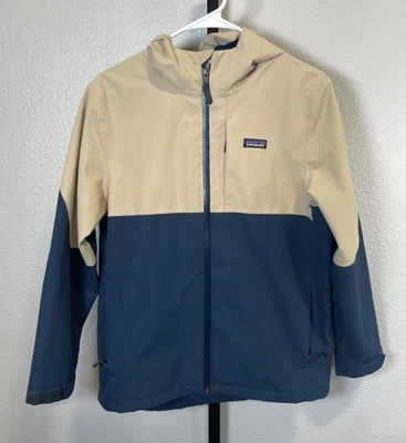 Patagonia Youth Boys H2NO Tan Blue Colorblock Full Zip Hooded Jacket XL 14 - Image 1 of 4