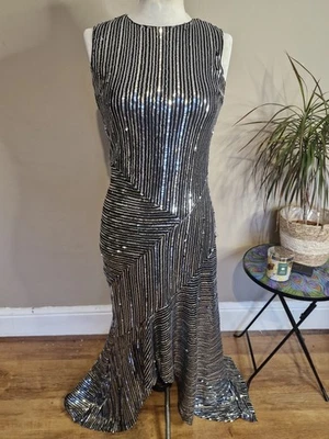 Next Silver Sequined Dipped Hem Evening Dress Christmas Size 8 - Image 1 of 4