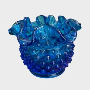 Vintage Fenton Art Glass Blue Hobnail Small Vase Ruffle 3” Collectible Decor - Picture 1 of 5