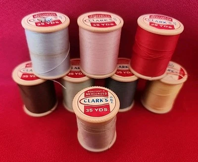 Lot of 8 Vintage Wooden Spools Of Thread Various Colors Amounts Brand Clark's  - Image 1 of 4