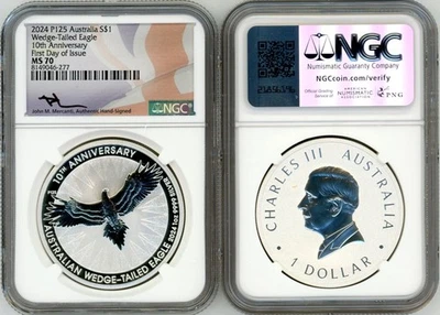 2024 P125 Silver $1 Australian Wedge-Tailed Eagle MS70 NGC FDOI Mercanti - Image 1 of 2