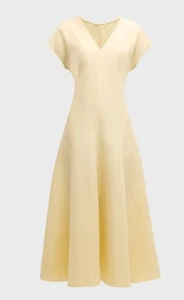 $1298 NWT LAFAYETTE 148 NEW YORK V-Neck A-Line Silk Linen Yellow Midi Dress L - Picture 1 of 11