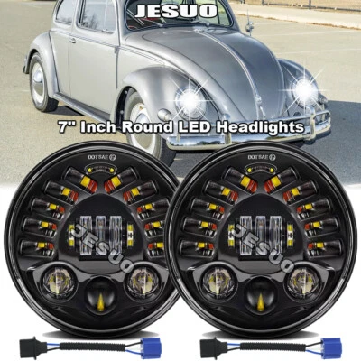 2PC 7" Inch Round LED Headlights Halo Angle Eyes For Volkswagen Beetle 1967-1979 - Image 1 of 4
