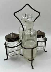 Cruet vintage set 5 pezzi sale pepe olio aceto incisione vetro cottage tavolo - Foto 1 di 10