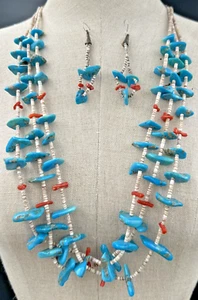Vintage Navajo Necklace Earrings SET Turquoise Coral Nuggets & Shells 3 Strands - Picture 1 of 11