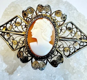 Broche camafeo Art Deco plata esterlina filigrana oro vermeil forma diamante de colección 2" - Imagen 1 de 16