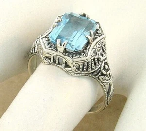 ART DECO STYLE GENUINE SKY BLUE TOPAZ 925 STERLING SILVER FILIGREE RING #174 - Picture 1 of 4