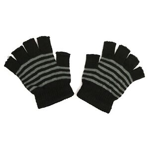 Gothic Grunge Punk 80 90s Womens Black Gray Striped Distressed Fingerless Gloves