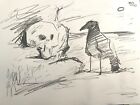 Crayon à dessin dessin dessin animé crâne de corbeau sur papier 9 po x 12 po original signé