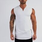Mens Muscle Singlet Gym V Neck Cotton Bodybuilding Workout Fitness Vest