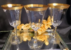 3 Vintage Tiffin-Franziskaner Lorbeer Goldrand Wasser/Weingläser Set (1 Fehler) - Bild 1 von 9