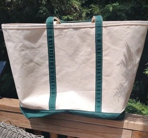 Vintage LL Bean Boat & Tote USA Canvas Tasche oben offen creme mit grünem Rand XL - Bild 1 von 6