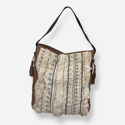 Anthropologie Holding Horses Leather Bucket Bag Tote Shoulder Beaded Cream Brown - Image 1 of 4