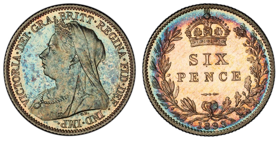 ВЕЛИКОБРИТАНИЯ Виктория 1893 AR шесть пенсов. PCGS PR65. S-3941; ESC-3288 - Изображение 1 из 1