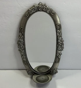 Vintage Inspired Silvertone Metal Hanging Mirror With Candle Sconces Rose Design - Picture 1 of 14