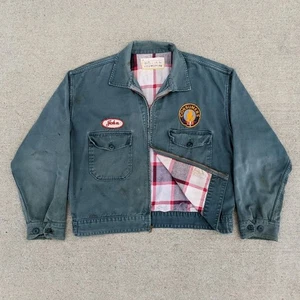 Vintage 1950s Flannel Lined Mechanic Work Jacket Teal Green Full Zip Size 46 - Picture 1 of 23