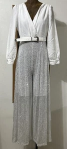 Wide leg Jumpsuit Pantsuit Medium Sequins White Silver Clubwear Evening Party - Picture 1 of 9