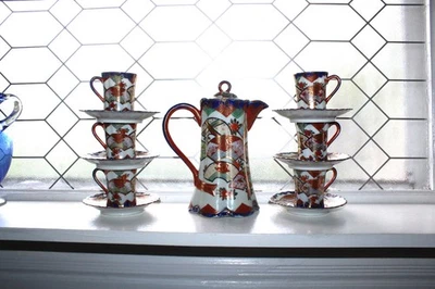 Старинный японский шоколадный горшок Кутани с 6 чашками и блюдцами периода Мэйдзи - Изображение 1 из 4