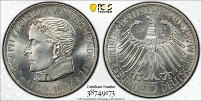 Germany 1957 J 5 Mark Eichendorff J-391 PCGS MS63 Scarce Type - Image 1 of 4