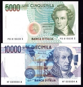 Italy, Banca d'Italia, 5,000 lire & 10,000 lire, 1985 & 1984, AU-UNC & UNC - Picture 1 of 2
