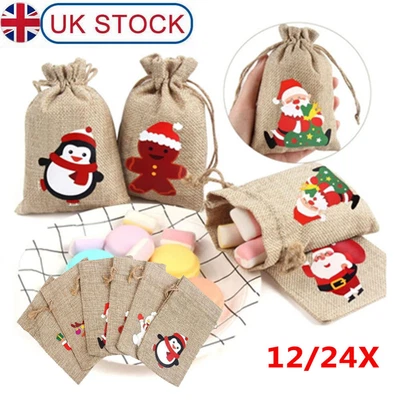 12/24x Small Drawstring Pouch Bags Burlap Jute Hessian Wedding Favor Gift Cand