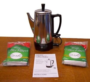 Presto 6 Cup Stainless Steel Percolator Coffee Maker 0282202 -w/manual & filters