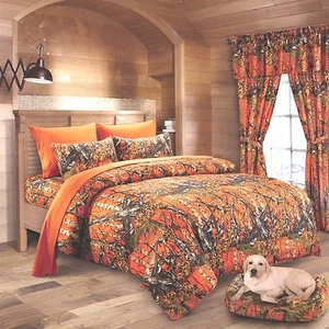 17 pc ORANGE CAMO SET KING COMFORTER SHEETS PILLOWCASES and 2 CURTAIN SETS - Picture 1 of 3