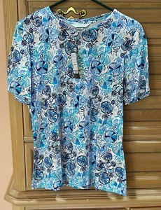 NWT New Christopher & Banks Blue & White Bicycle Bike Tee Shirt Top PL - Picture 1 of 2