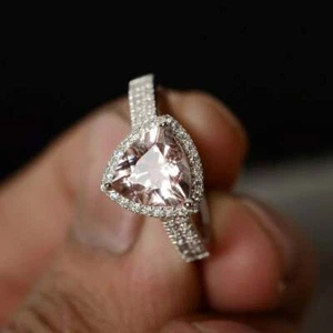 Trillion 3Ct Lab Created Morganite Halo Women Ring 14k White Gold Plated Silver - Picture 1 of 4