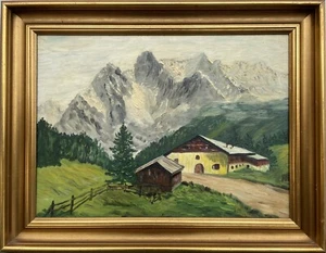 Naturalist Alpine Landscape Mountains Peaks Snow Cabin Oil Painting Dated 1961 - Picture 1 of 13