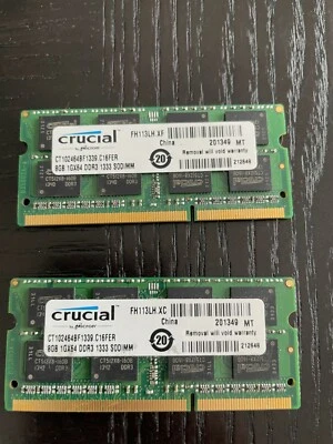 CRUCIAL 8GB 1GX64 DDR3 1333 SO-DIMM 204 LAPTOP MEMORY x 2 total of 16gb - Image 1 of 2