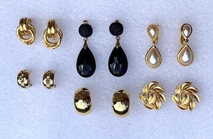 Vintage Lot of 6 Gold Tone Clip Earrings Monet Napier Crown Trifari All Signed - Picture 1 of 12