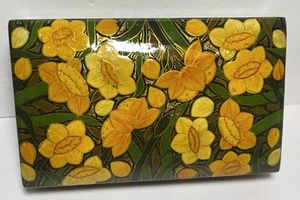 Vintage Hand Made Painted Lacquer Flowers Trinket Box Kashmir India Yellow - Picture 1 of 11
